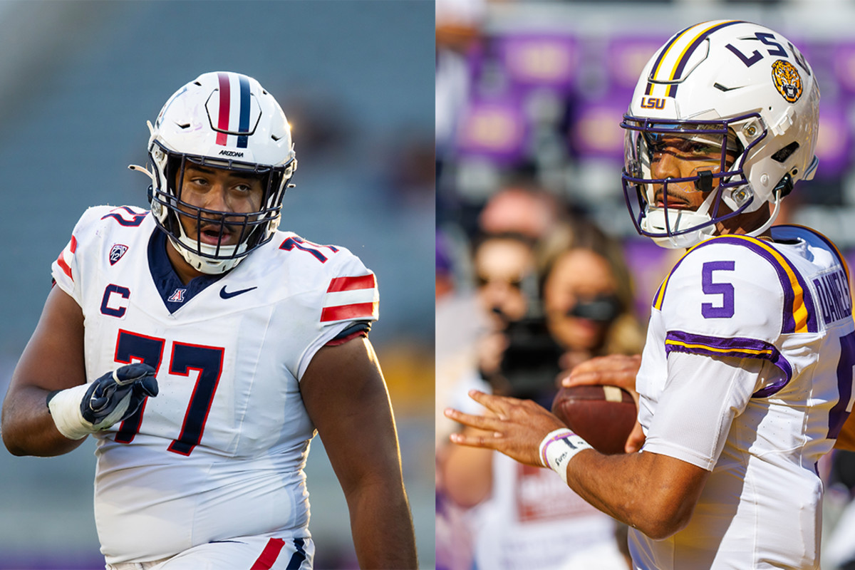 Arizona Wildcats left tackle Jordan Morgan (left) and LSU Tigers quarterback Jayden Daniels (right).